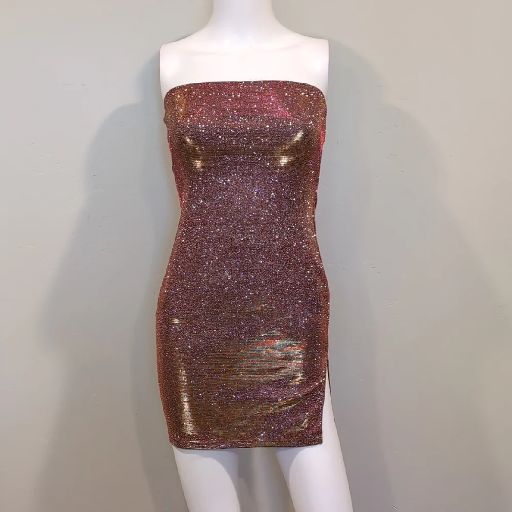 SHEIN Golden Copper Sparkly Strapless Bodycon Mini Party Dress With Slit Size XS